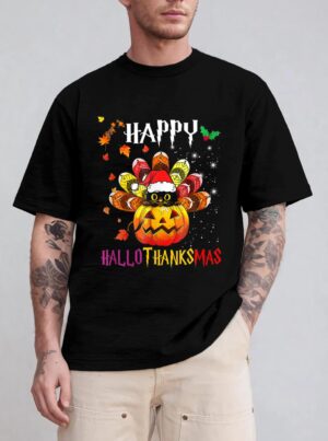 Black Cat Halloween And Merry Christmas Happy Hallothanksmas T-Shirt
