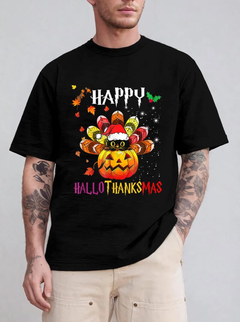 Black Cat Halloween And Merry Christmas Happy Hallothanksmas T-Shirt
