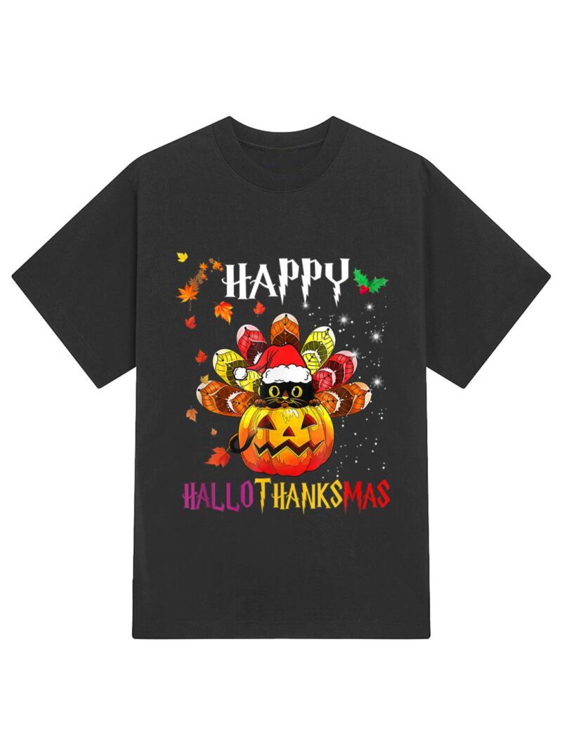 Black Cat Halloween And Merry Christmas Happy Hallothanksmas T-Shirt - Image 2