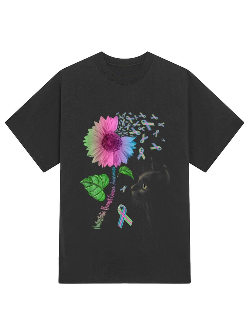 Black Cat Sunflower Metastatic Breast Cancer Awareness Day T-Shirt - Image 2