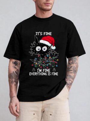 Black Cat christmas It's Fine I'm Fine Everything Is Fine T-Shirt