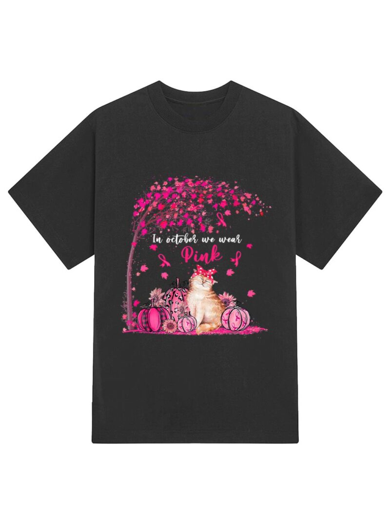 Breast Cancer Awareness In October We Wear Pink Pumpkin Cat Premium T-Shirt - Image 2