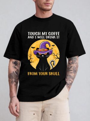 Cat Funny Ouch My Coffee And I Will Drink It From Your Skul T-Shirt