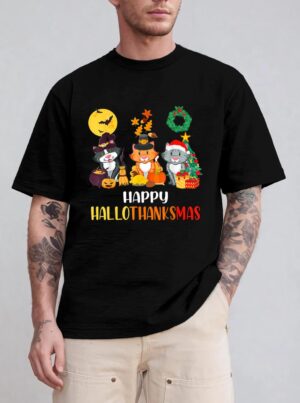 Cat Halloween Christmas Happy Hallothanksmas Thanksgiving T-Shirt