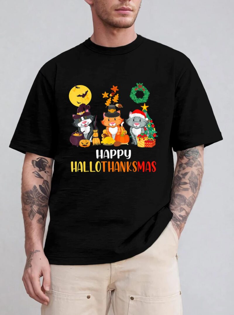 Cat Halloween Christmas Happy Hallothanksmas Thanksgiving T-Shirt