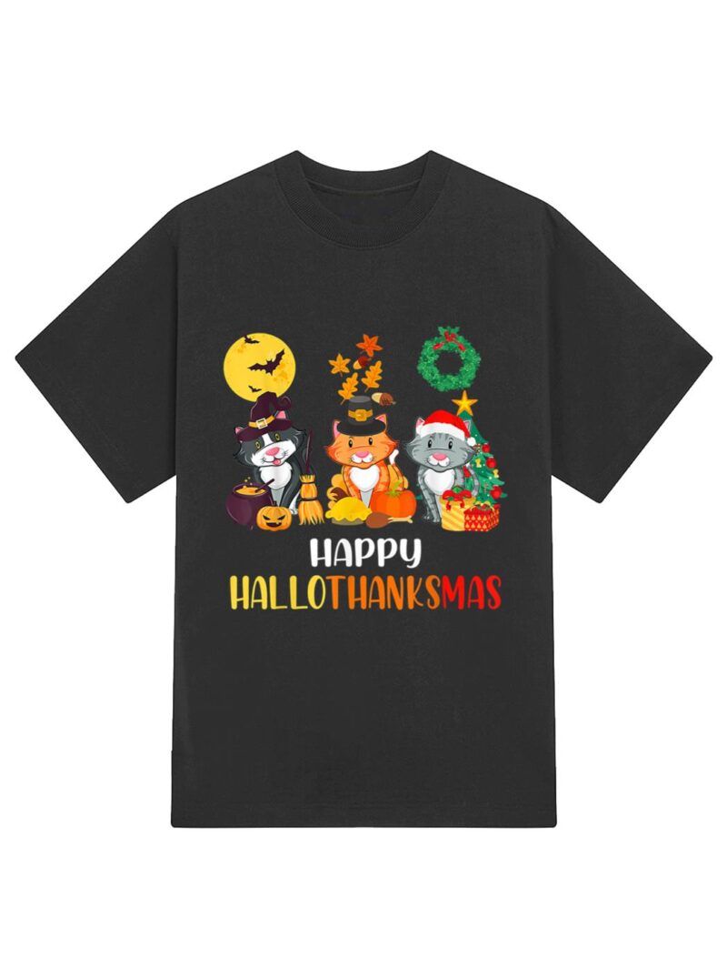 Cat Halloween Christmas Happy Hallothanksmas Thanksgiving T-Shirt - Image 2
