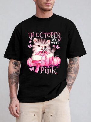 Cat Pumpkin Halloween In October We Wear Pink Breast Cancer T-Shirt