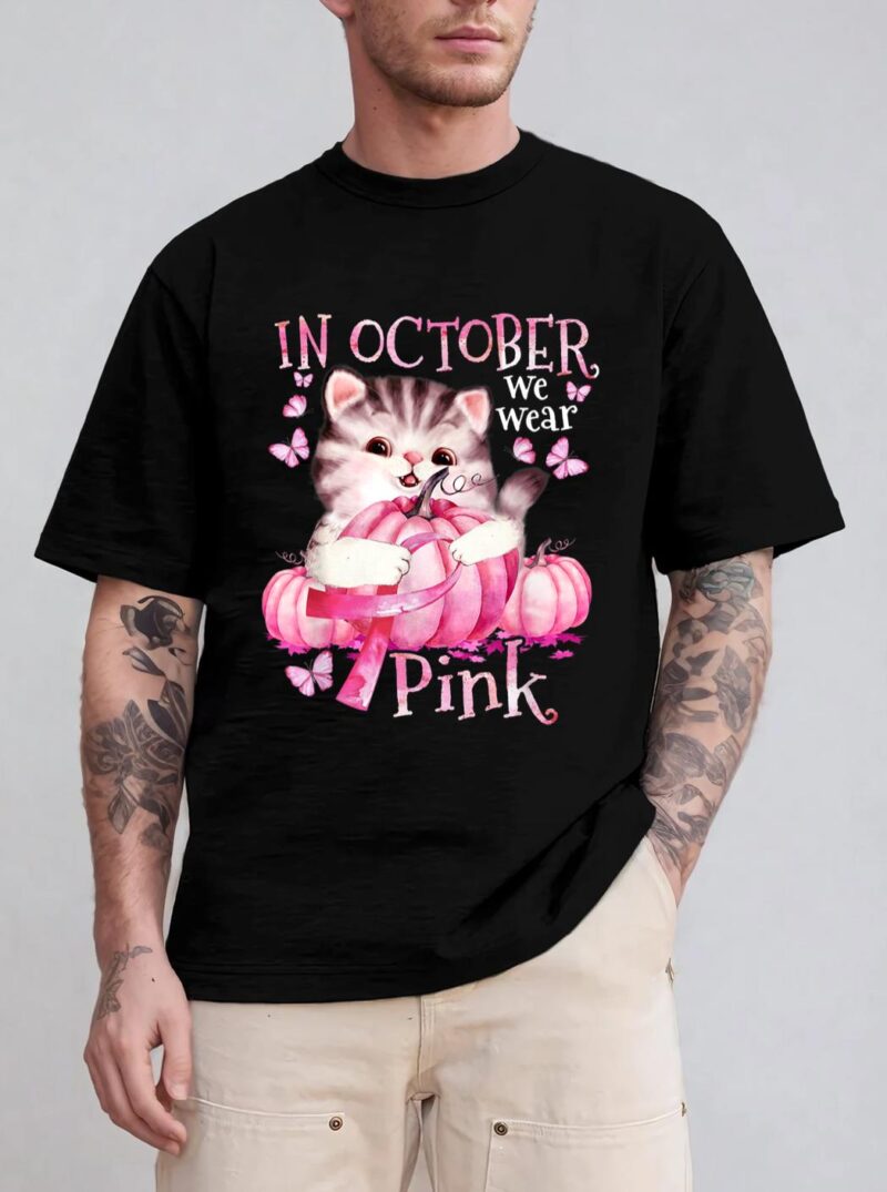 Cat Pumpkin Halloween In October We Wear Pink Breast Cancer T-Shirt