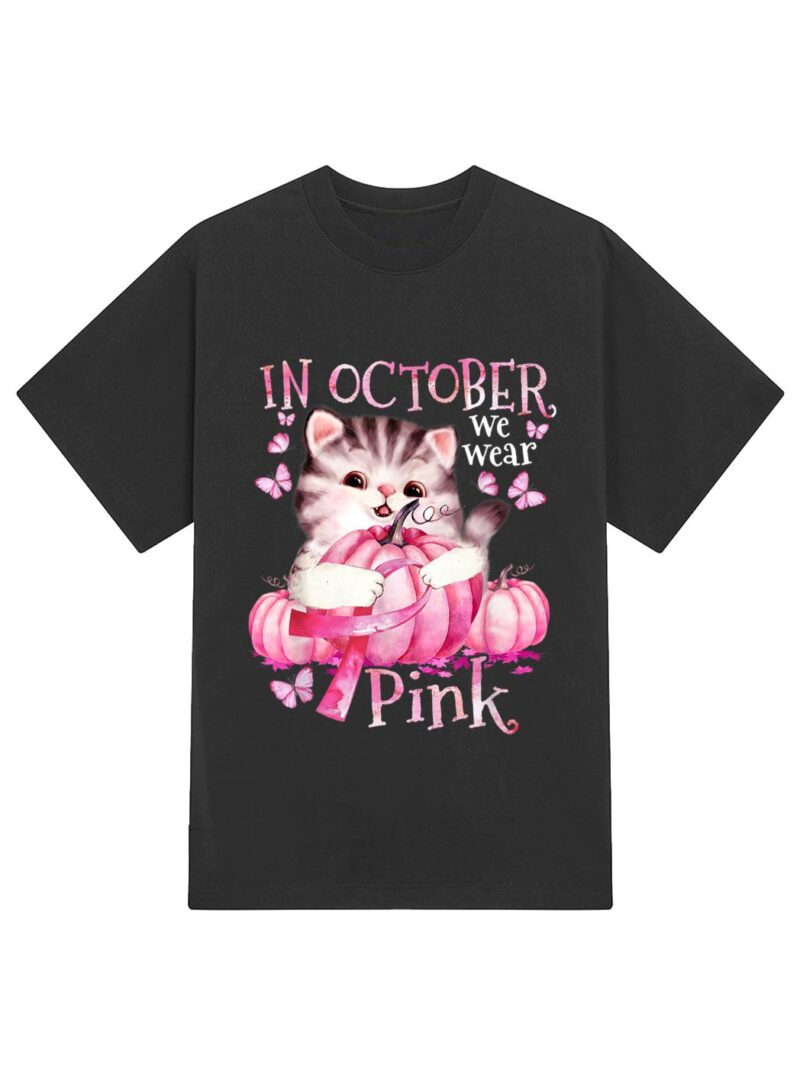 Cat Pumpkin Halloween In October We Wear Pink Breast Cancer T-Shirt - Image 2