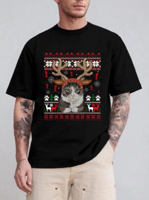 Cat Reindeer Antlers Headband Funny Ugly Christmas Sweater T-Shirt