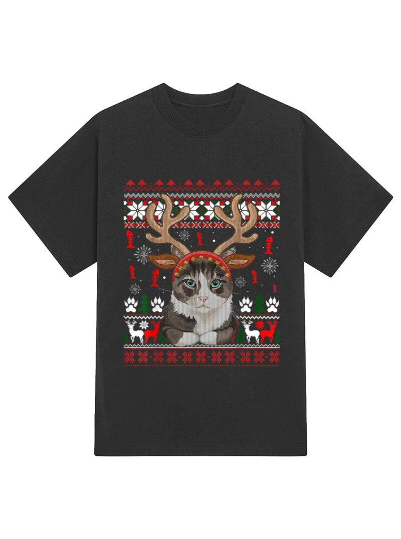 Cat Reindeer Antlers Headband Funny Ugly Christmas Sweater T-Shirt - Image 2