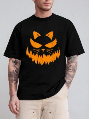 Cat Scary Pumpkin Face Jack O Lantern Halloween Costume T-Shirt