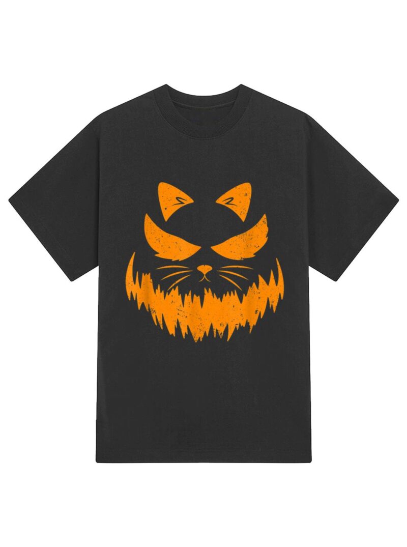 Cat Scary Pumpkin Face Jack O Lantern Halloween Costume T-Shirt - Image 2