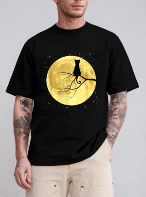 Cat Silhouette On Moon Mystical Cat Halloween Cat And Moon T-Shirt