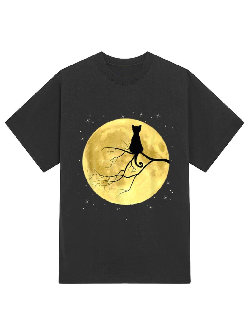Cat Silhouette On Moon Mystical Cat Halloween Cat And Moon T-Shirt - Image 2