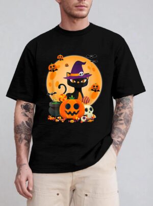 Cat With Witch Hat Pumpkin Bat Moon Cat Funny Halloween T-Shirt