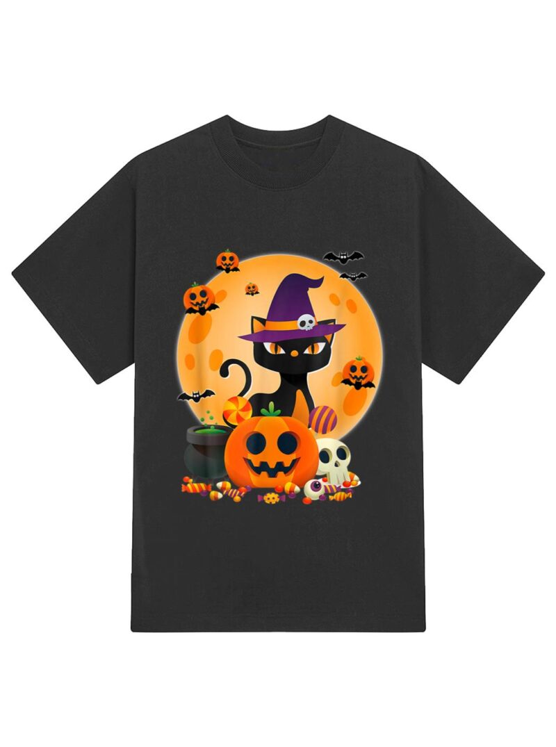 Cat With Witch Hat Pumpkin Bat Moon Cat Funny Halloween T-Shirt - Image 2