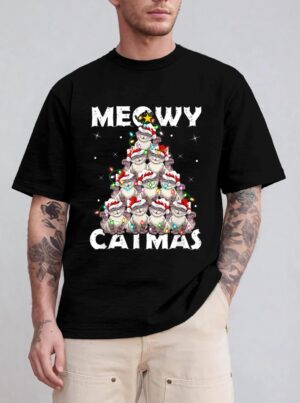 Cat Xmas Lights Santa Meowy Catmas Cat Christmas Ree T-Shirt