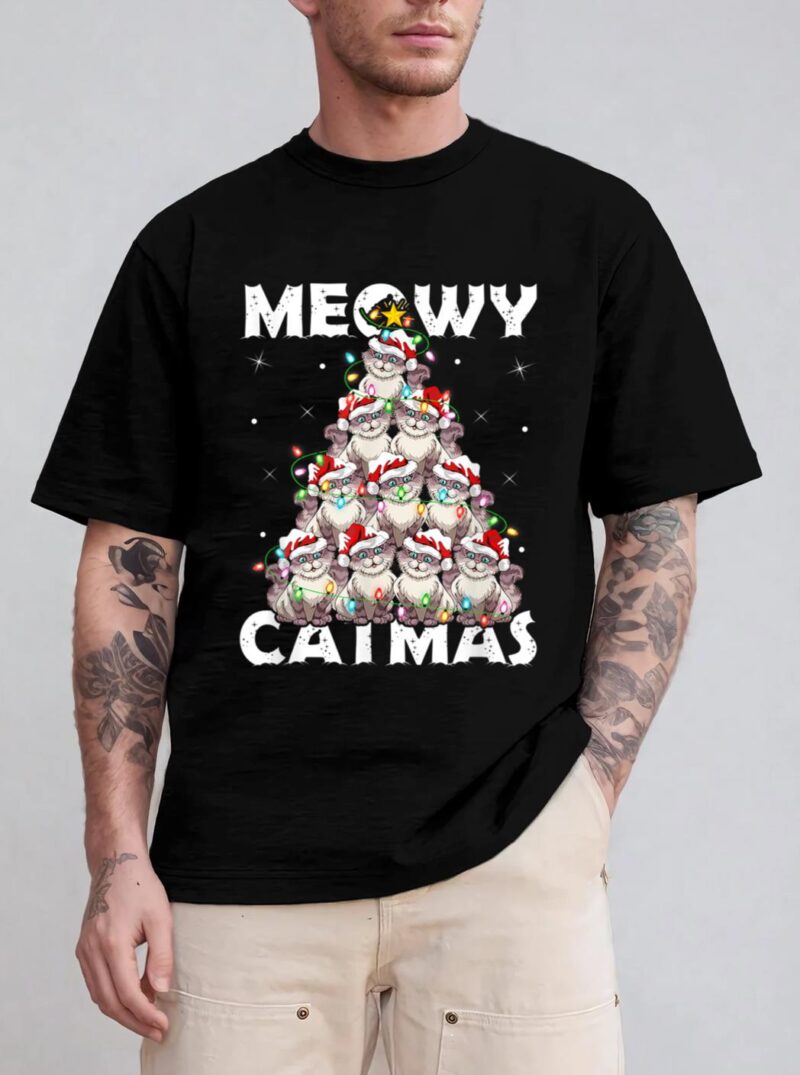 Cat Xmas Lights Santa Meowy Catmas Cat Christmas Ree T-Shirt