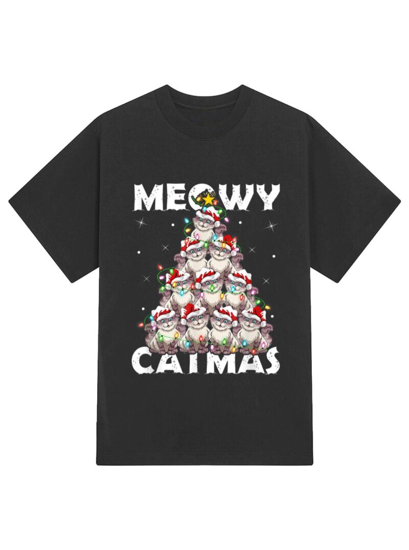 Cat Xmas Lights Santa Meowy Catmas Cat Christmas Ree T-Shirt - Image 2