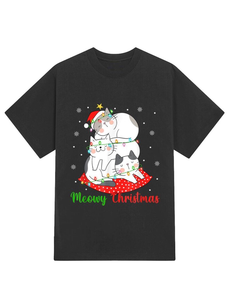 Cat Xmas Ree Lights Santa Cat Christmas T-Shirt - Image 2