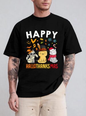 Cats Happy HalloThanksMas Thanksgiving Christmas T-Shirt