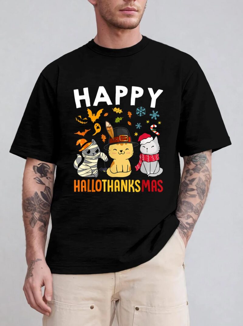 Cats Happy HalloThanksMas Thanksgiving Christmas T-Shirt