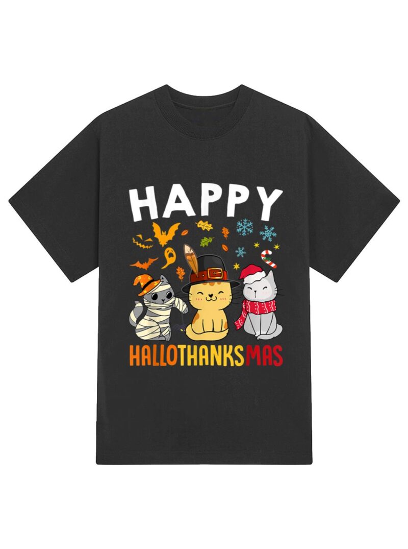 Cats Happy HalloThanksMas Thanksgiving Christmas T-Shirt - Image 2