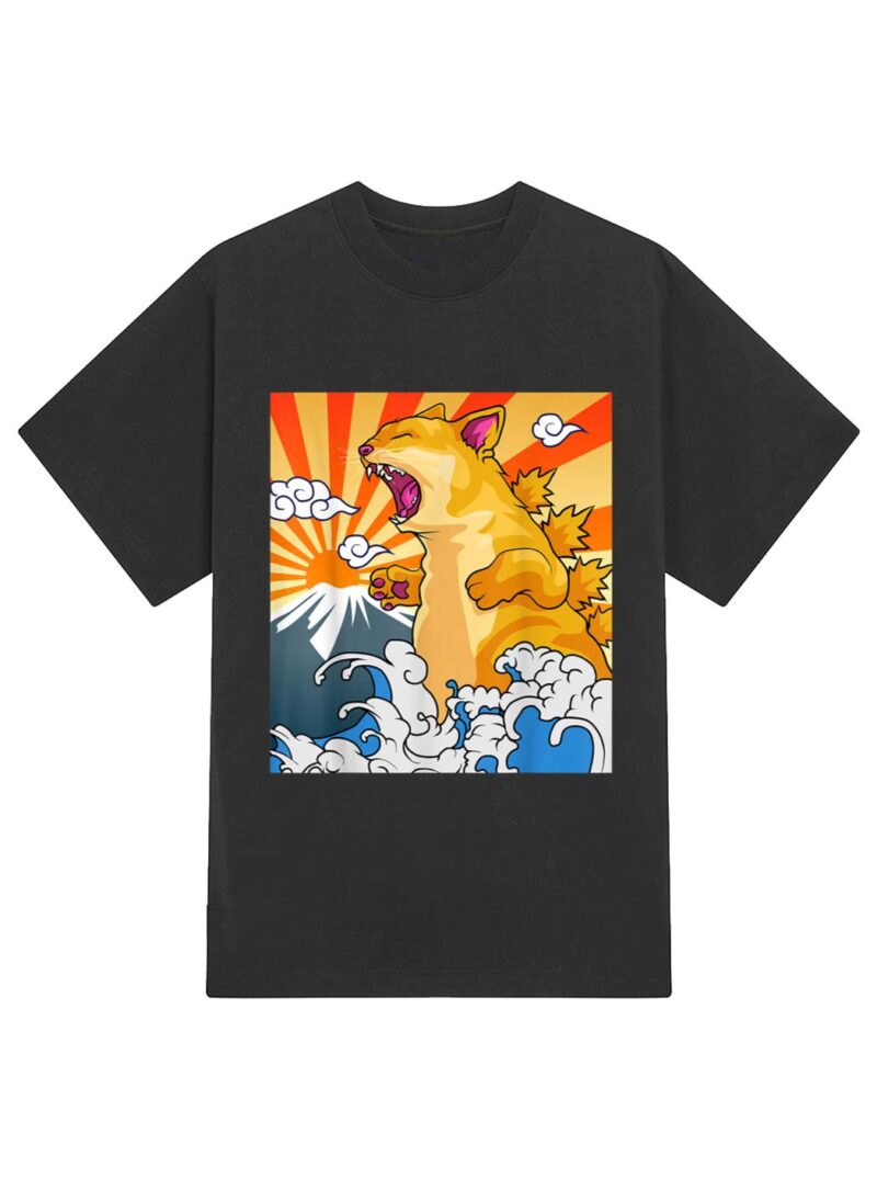 Catzilla Vintage Kawaii Cute Cat Art Japanese Sunset T-Shirt - Image 2