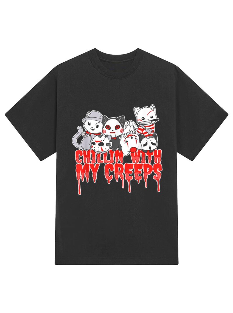 Chillin With My Creeps Cat Horror Serial Killer Halloween T-Shirt - Image 2