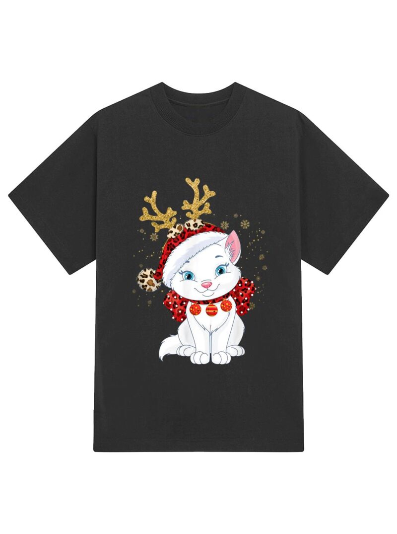 Christmas Cat Reindeer light Antlers T-Shirt - Image 2