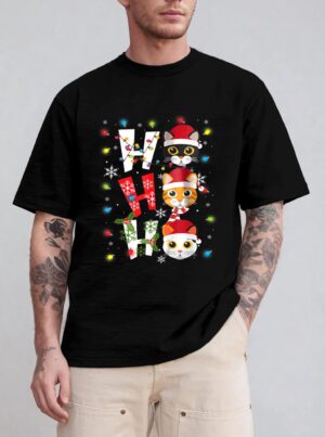 Christmas Ho Ho Ho Cat Lovers Lights Pajamas Funny Xmas T-Shirt