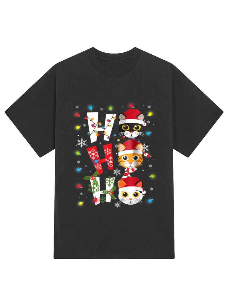 Christmas Ho Ho Ho Cat Lovers Lights Pajamas Funny Xmas T-Shirt - Image 2