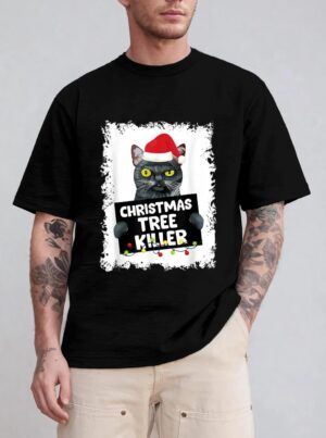 Christmas Tree Killer Naughty Black Cat Christmas T-Shirt