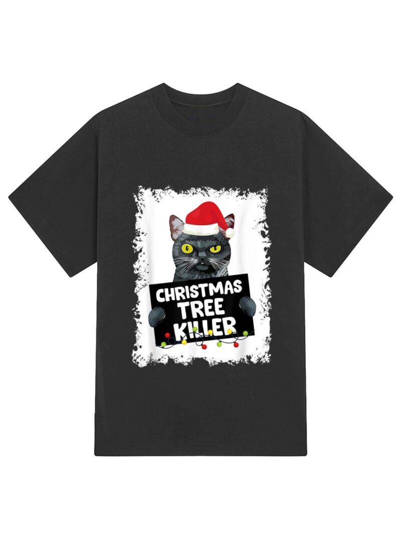 Christmas Tree Killer Naughty Black Cat Christmas T-Shirt - Image 2