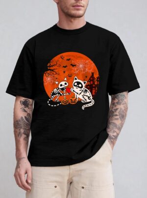Couple Skeleton Horror Cats Halloween Couple Cat Owner Lover T-Shirt