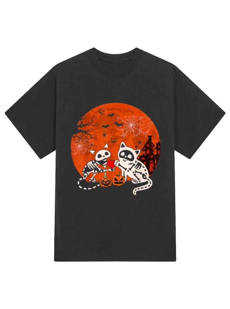 Couple Skeleton Horror Cats Halloween Couple Cat Owner Lover T-Shirt - Image 2