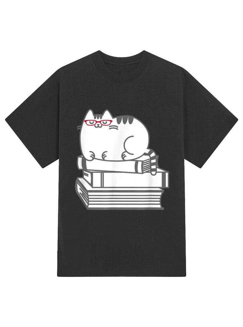 Cute Book Nerd Cat  - Funny Nerdy Kitten T-Shirt - Image 2