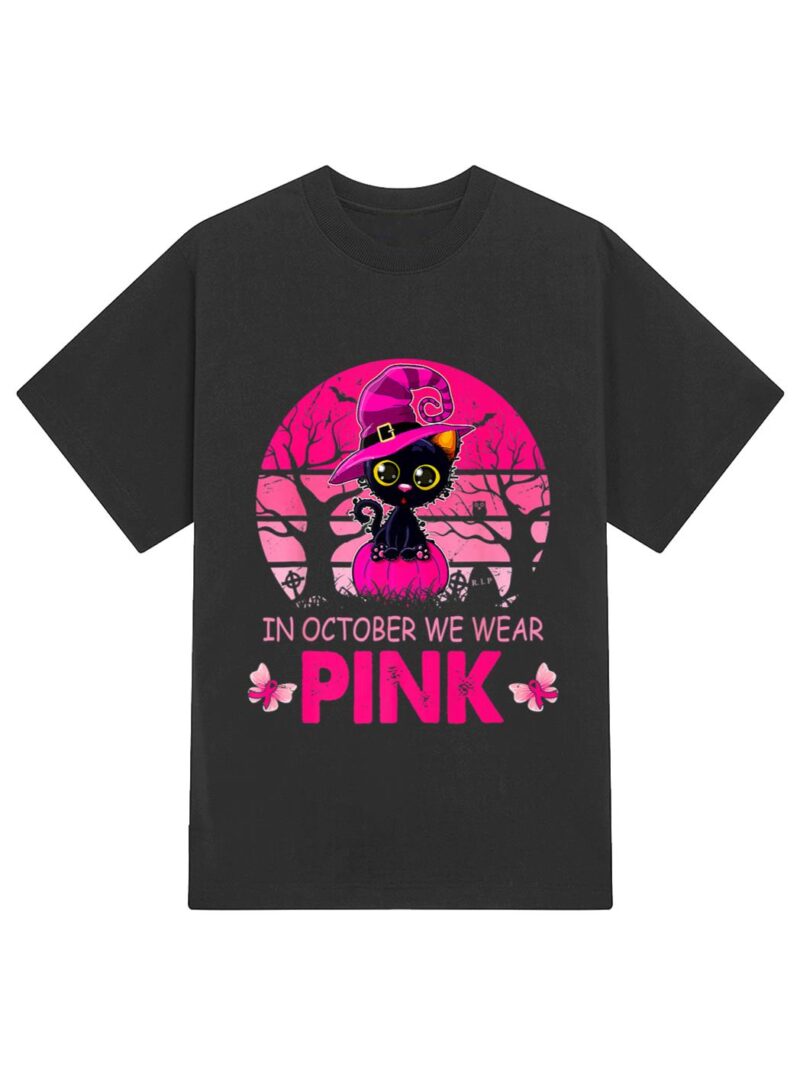 Cute Cat Breast Cancer Awareness In October We Wear Pink T-Shirt - Image 2