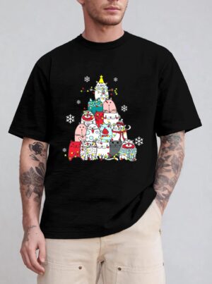 Cute Cat Christmas Tree Lights Snow Xmas Pajama Cat Lover T-Shirt