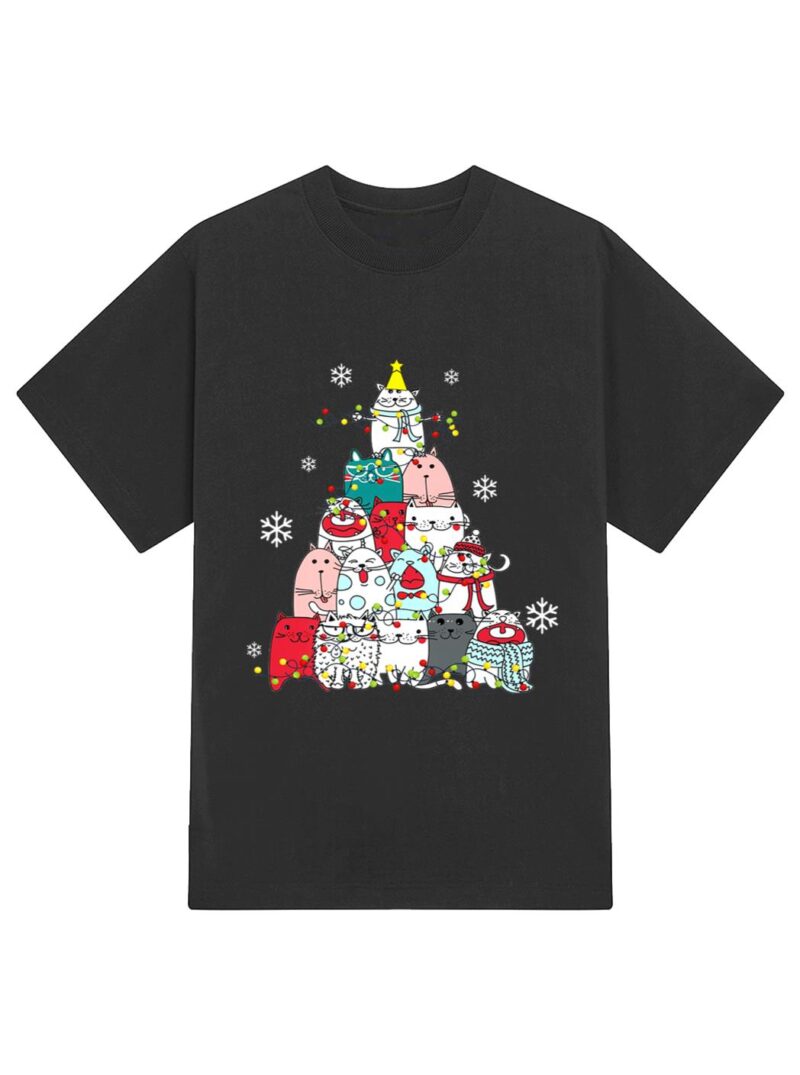 Cute Cat Christmas Tree Lights Snow Xmas Pajama Cat Lover T-Shirt - Image 2