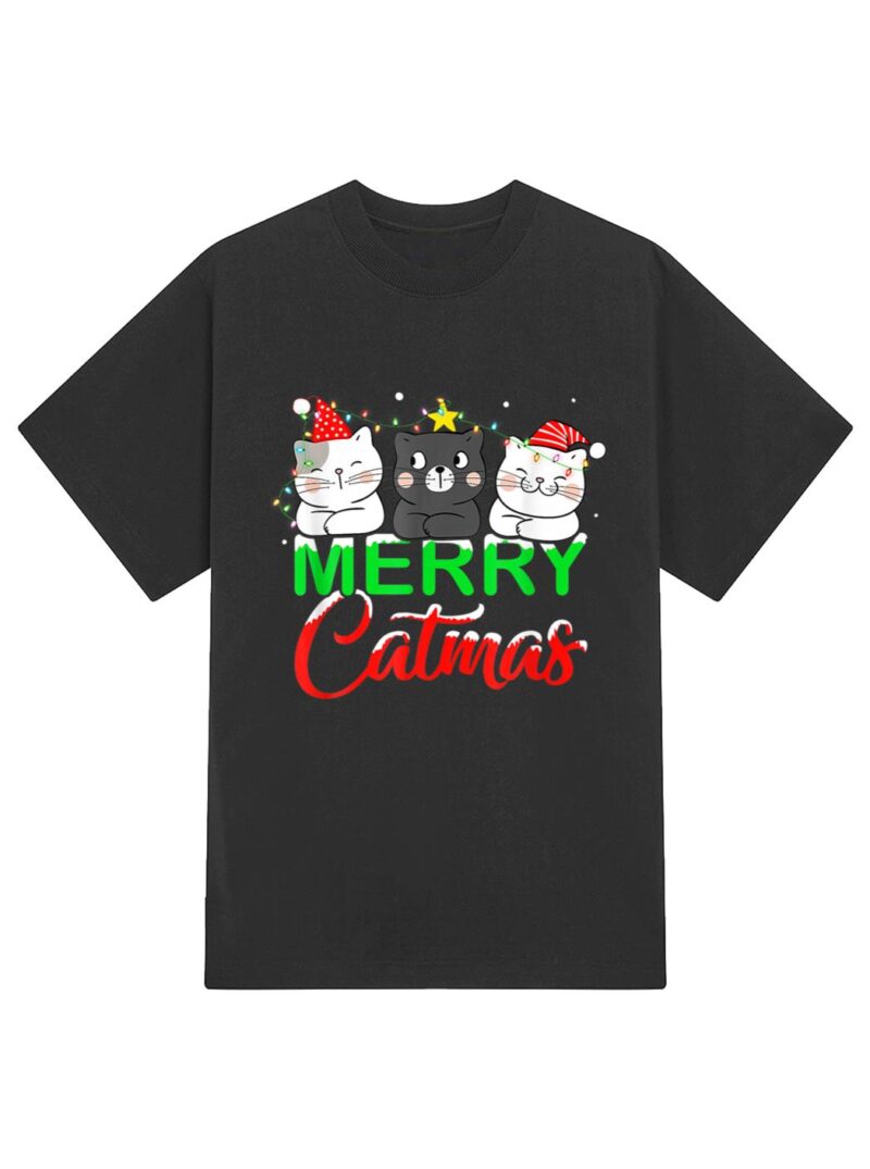 Cute Cat Lover Xmas Lights Santa Merry Catmas Cat Christmas T-Shirt - Image 2