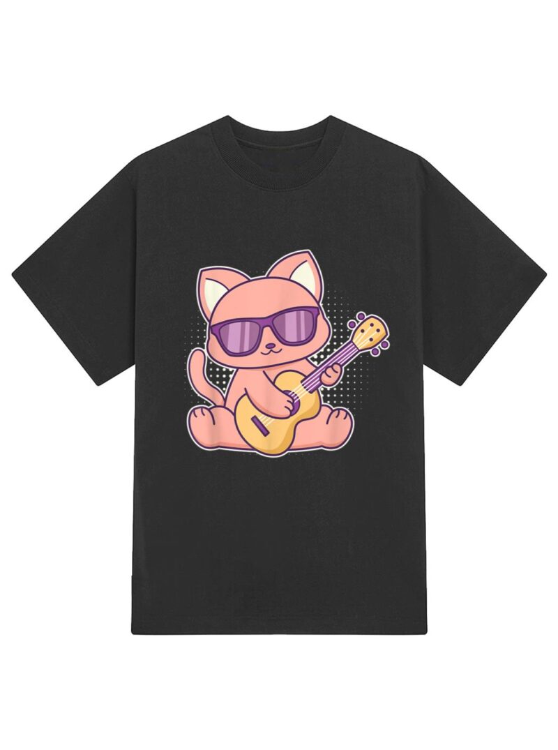 Cute Cat With Sunglasses Playing On A Guitar T-Shirt - Image 2