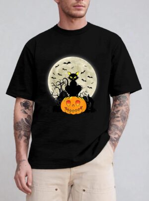 Cute Halloween Black Cat Witch Hat Pumpkin T-Shirt