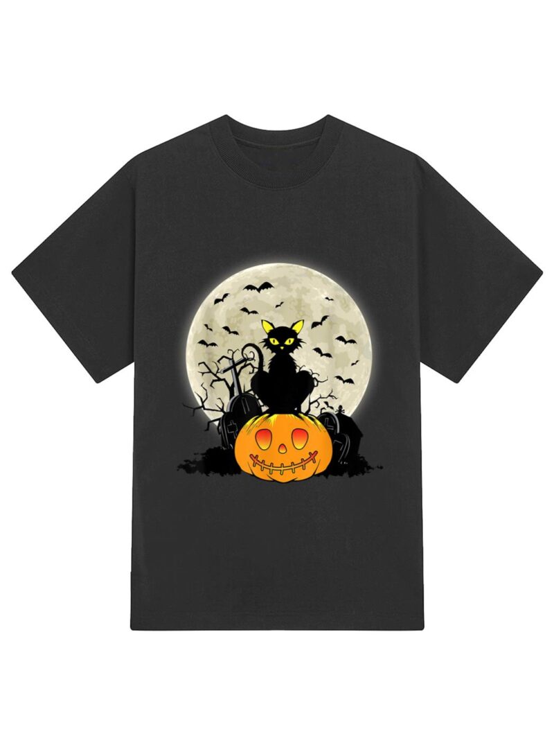 Cute Halloween Black Cat Witch Hat Pumpkin T-Shirt - Image 2