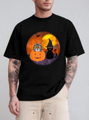Cute Halloween Cat Scene Witch Pumpkin Bat Full Moon T-Shirt