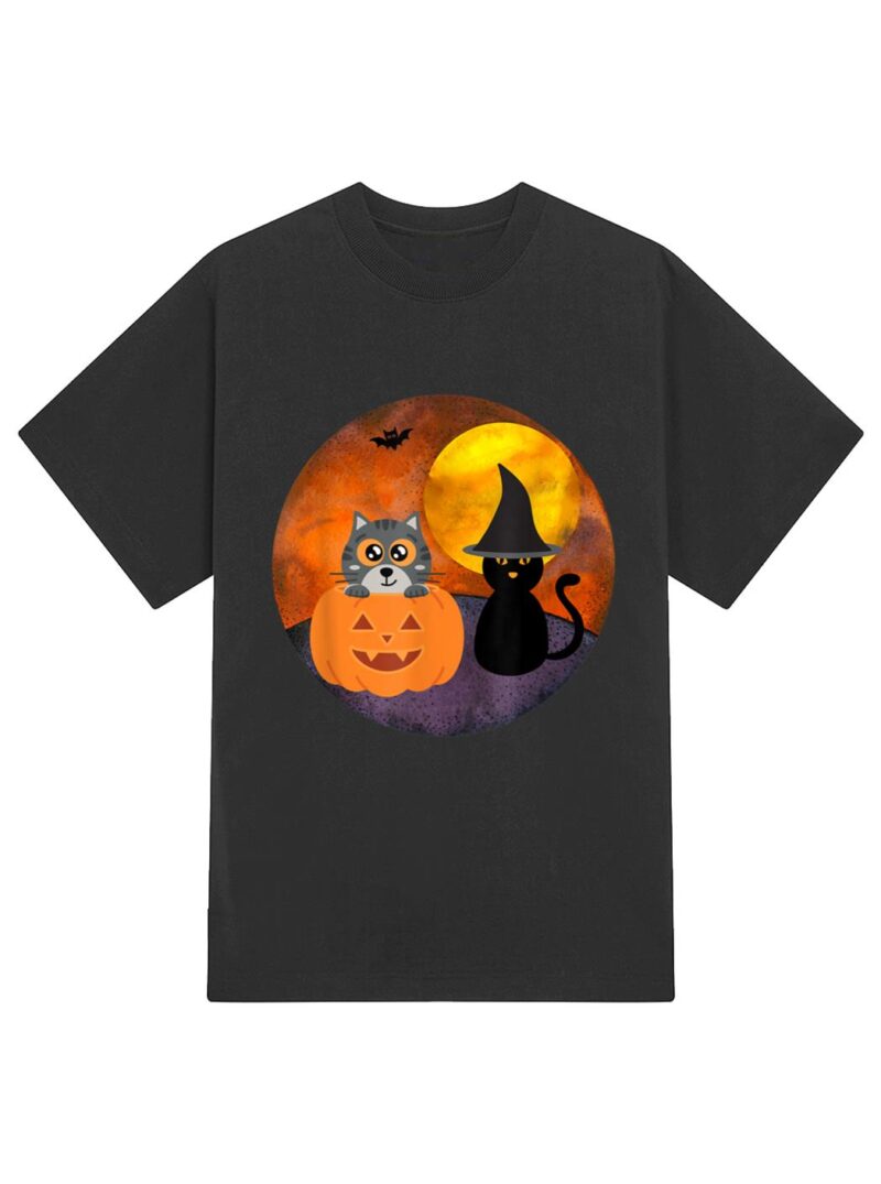 Cute Halloween Cat Scene Witch Pumpkin Bat Full Moon T-Shirt - Image 2