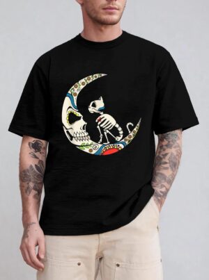 Dia De Los Muertos Crescent Moon And Cat Sugar Skull T-Shirt