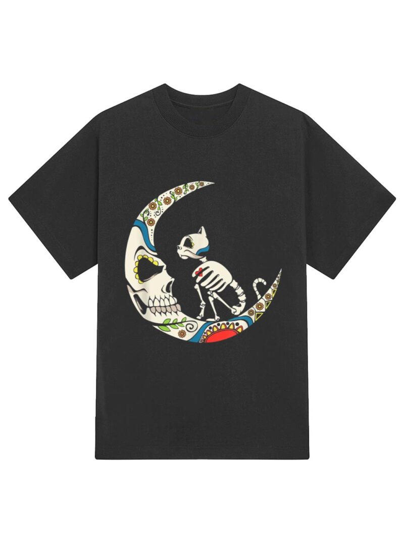 Dia De Los Muertos Crescent Moon And Cat Sugar Skull T-Shirt - Image 2