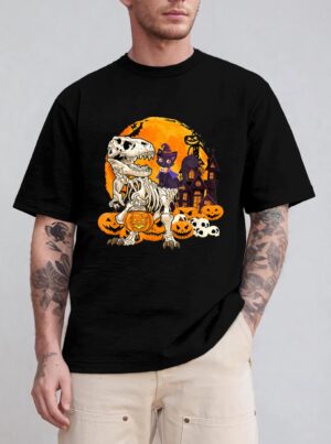 Dinosaur Skeleton Pumpkin With Moon Halloween Cat Witchy T-Shirt